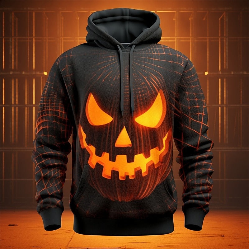 Black hoodie with glowing orange jack-o-lantern face print, worn by person | Chaps London