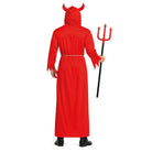 Red hooded devil costume worn by man holding red pitchfork prop | Chaps London