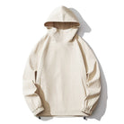 Beige waffle-textured hoodie with funnel neck, flat lay on white background | Chaps London