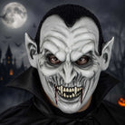 Gray vampire mask with pointed ears and fangs, worn by person | Chaps London