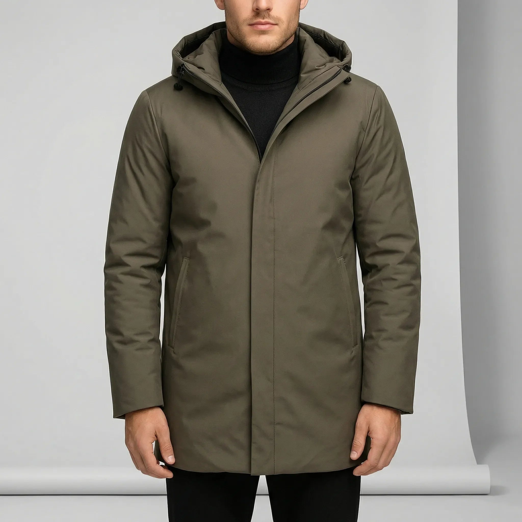 Man wearing olive green hooded coat with concealed zip, worn, front view | Chaps London