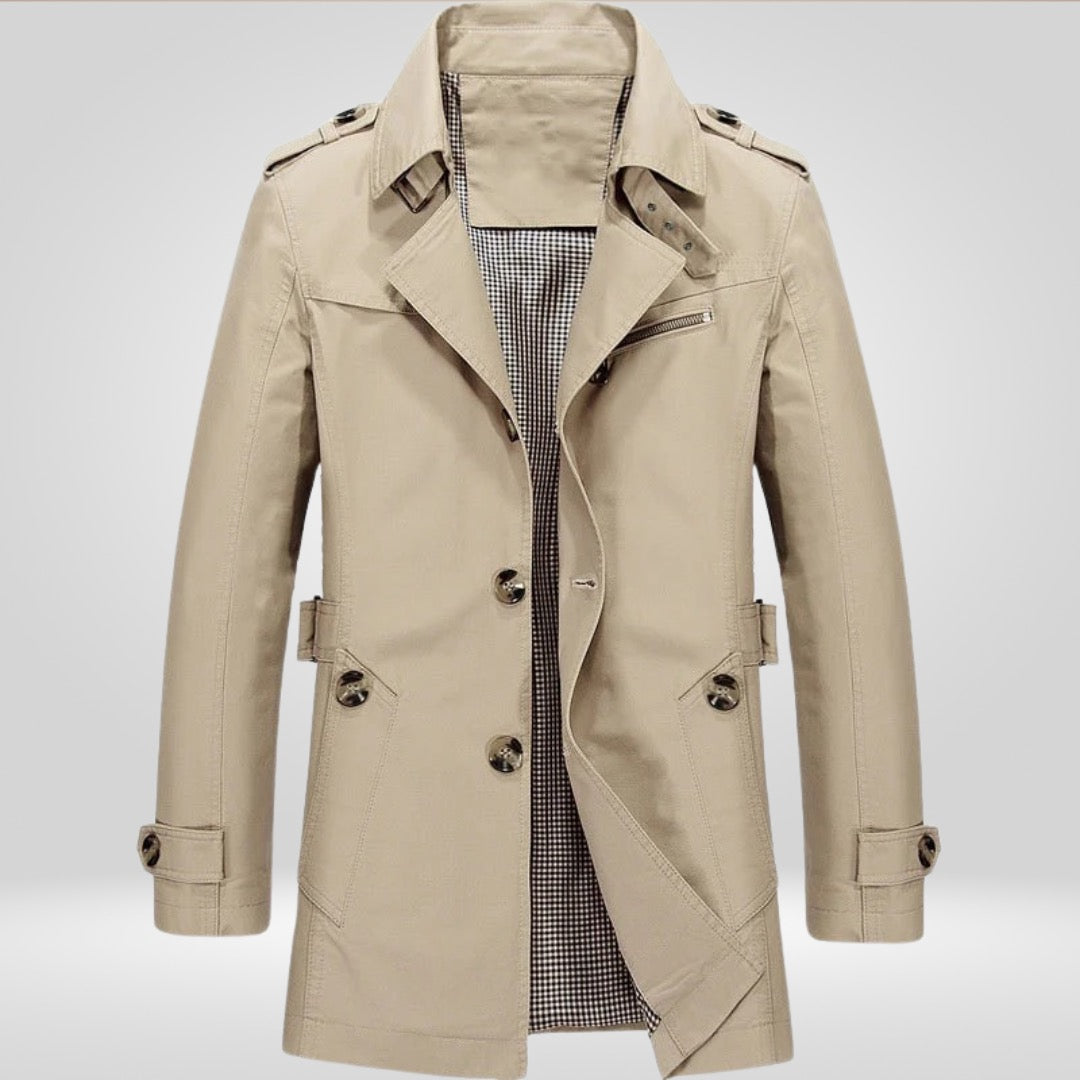 Beige single-breasted trench coat with epaulettes, shown flat on mannequin form | Chaps London