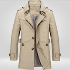 Beige single-breasted trench coat with epaulettes, shown flat on mannequin form | Chaps London