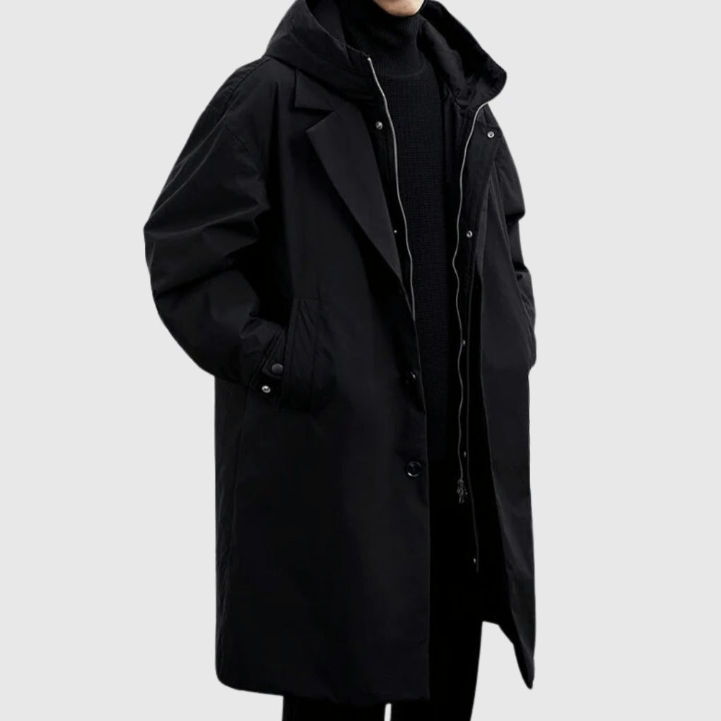 Man wearing black hooded longline coat with turtleneck sweater underneath | Chaps London