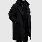 Man wearing black hooded longline coat with turtleneck sweater underneath | Chaps London