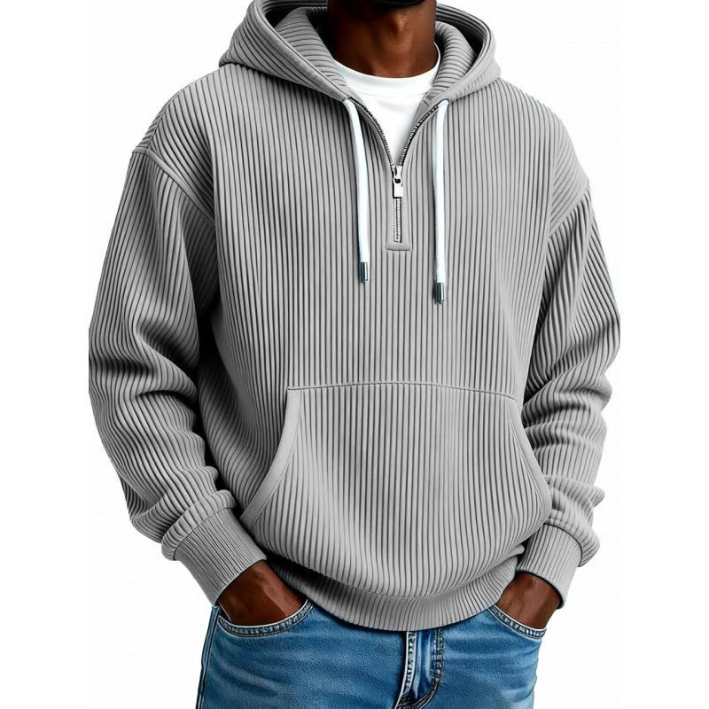 Gray ribbed half-zip hoodie worn by man with front pocket | Chaps London