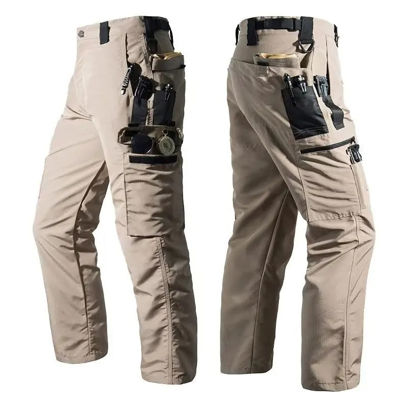 Front and back view of khaki tactical cargo pants with multiple pockets | Chaps London