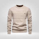 Beige knitted crew neck jumper with raised rib stripe pattern, flat lay | Chaps London