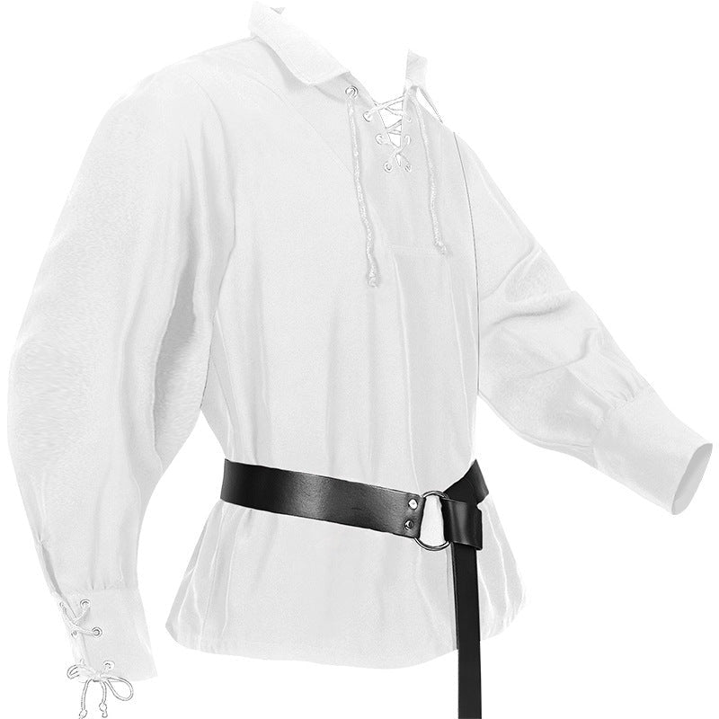 White lace-up medieval shirt on mannequin with black belt accessory | Chaps London