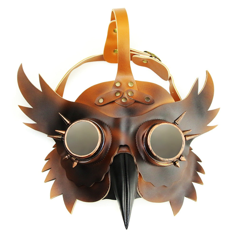 Brown owl plague doctor mask with goggle eyes, shown flat on white background | Chaps London