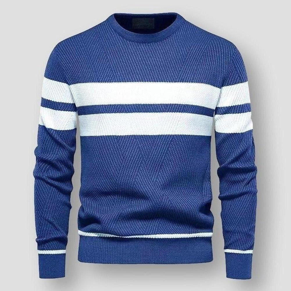 Blue knit sweater with white chest stripes, crew neck, worn by model | Chaps London