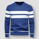 Blue knit sweater with white chest stripes, crew neck, worn by model | Chaps London