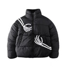 Black puffer jacket with white skeleton hand graphics, laid flat | Chaps London