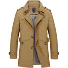 Khaki trench coat with epaulettes and lapel collar, shown flat on mannequin form | Chaps London