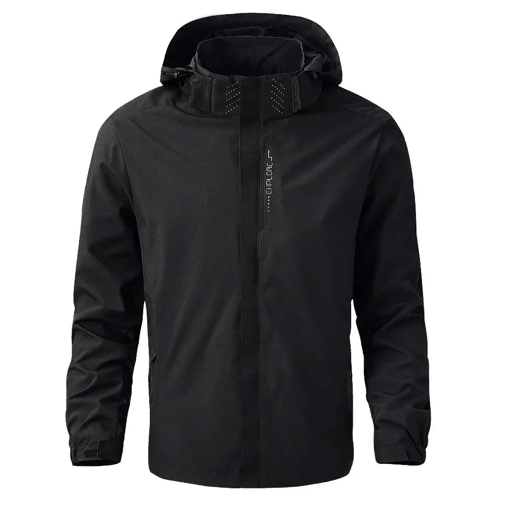Black hooded waterproof jacket with front zip, shown on mannequin torso | Chaps London