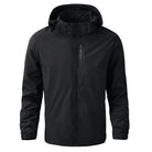 Black hooded waterproof jacket with front zip, shown on mannequin torso | Chaps London