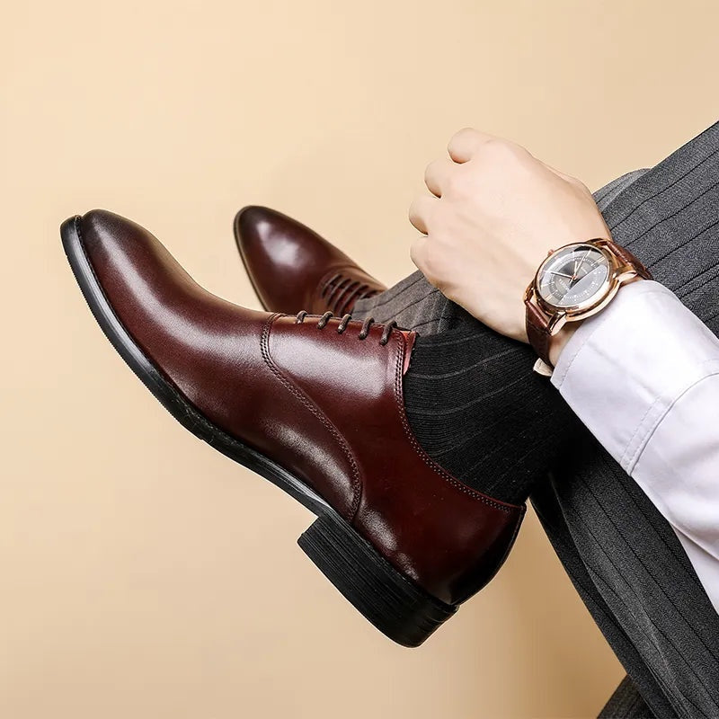 Burgundy lace-up oxford dress shoe worn on foot with watch visible | Chaps London