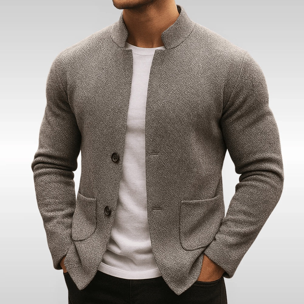 Man wearing gray textured knit stand collar cardigan with button front, hands in pockets | Chaps London