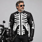 Man wearing black faux leather jacket with white skeleton bone print design | Chaps London