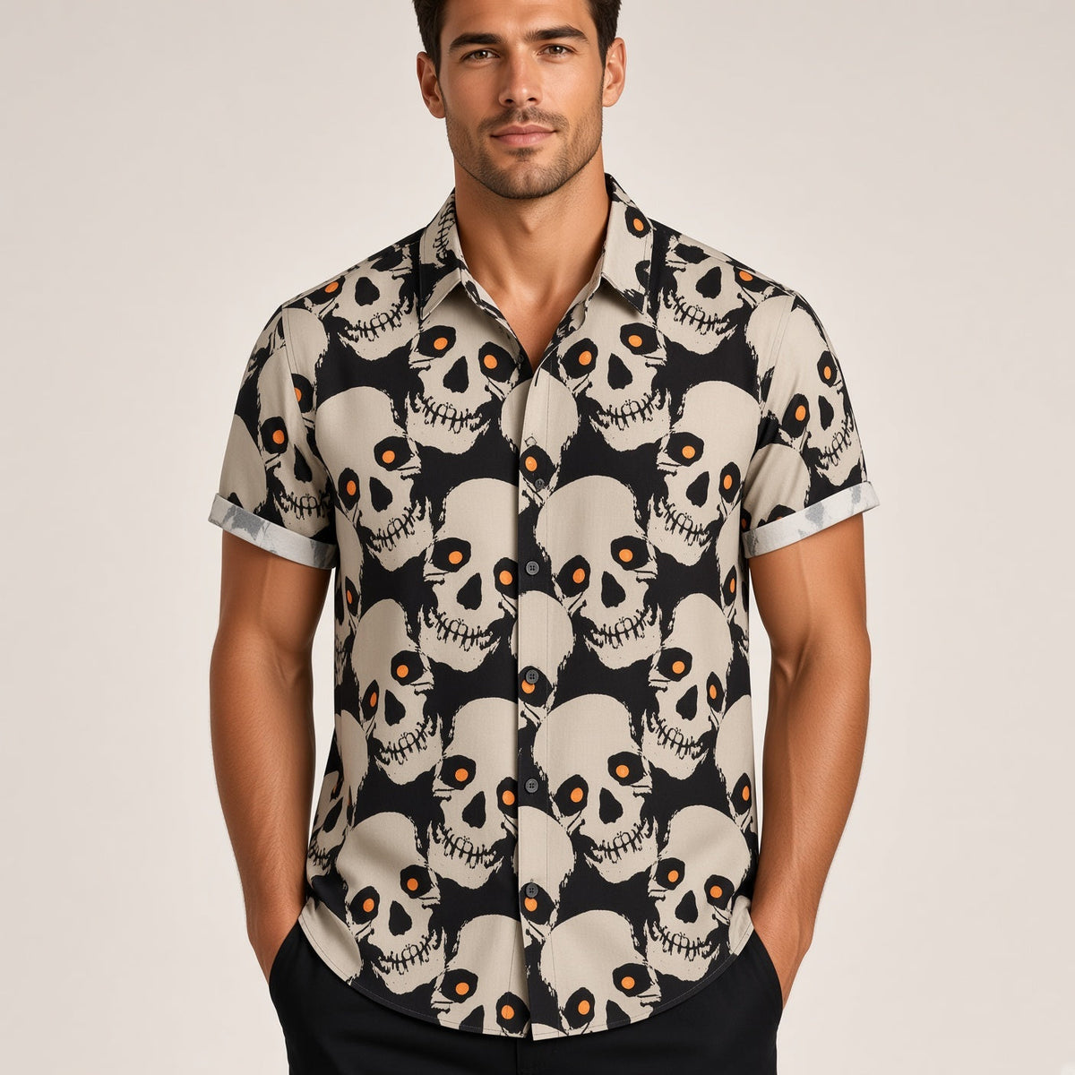 Man wearing black and beige short sleeve shirt with skull pattern print | Chaps London