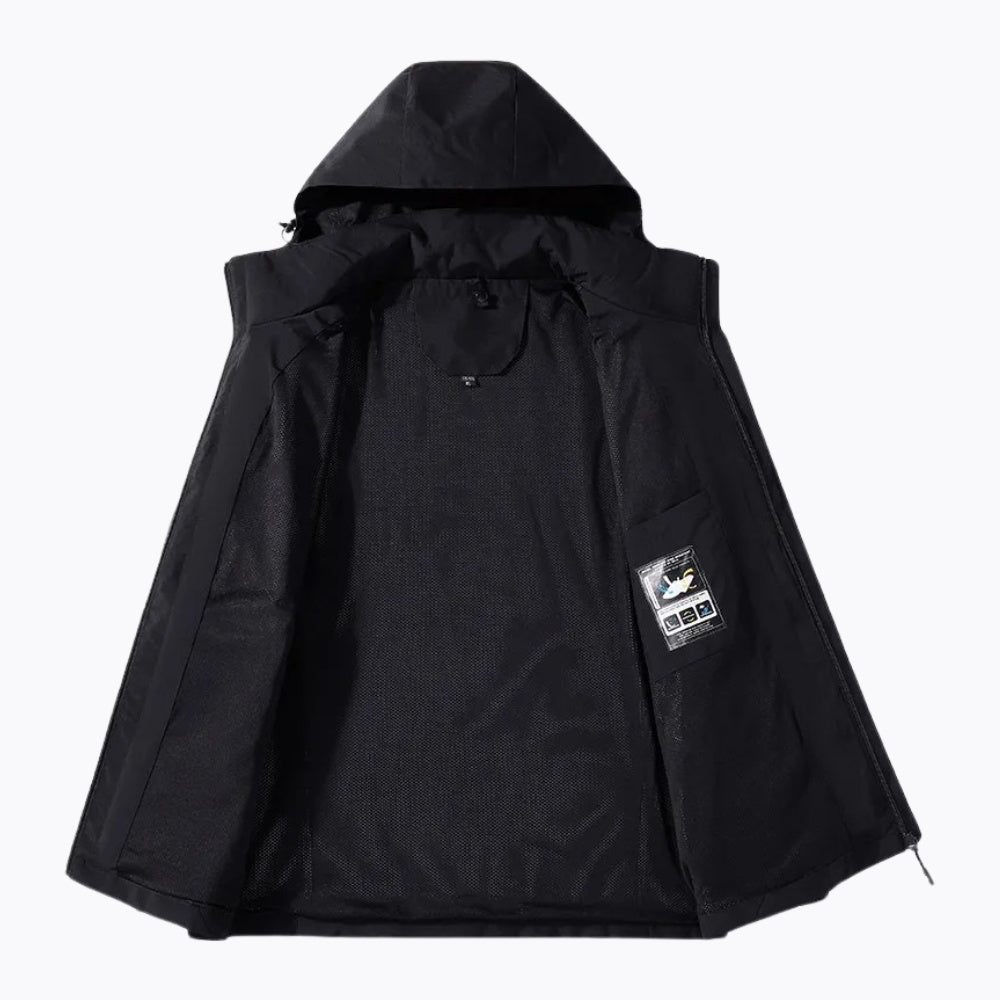 Black hooded jacket shown open, laid flat, displaying interior lining and pocket | Chaps London