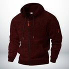 Maroon marl knit zip hoodie with sleeve pocket, shown on mannequin | Chaps London