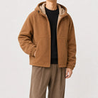 Man wearing camel brown hooded zip jacket with fleece-lined hood, worn outfit | Chaps London