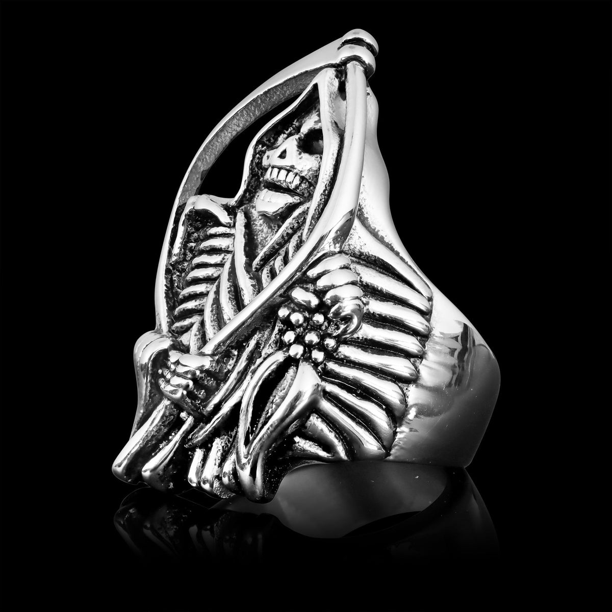 Silver-toned ring featuring grim reaper skeleton design, shown flat on black background | Chaps London