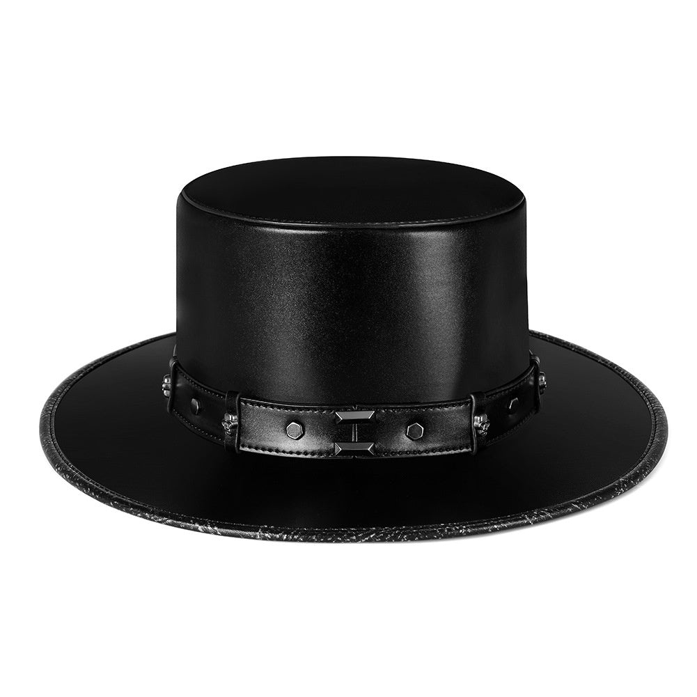 Black faux leather top hat with studded band, flat front view | Chaps London