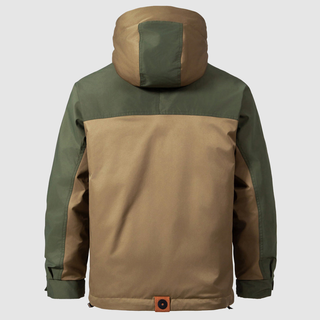 Khaki and olive colour-block hooded anorak jacket, back view, worn by person | Chaps London