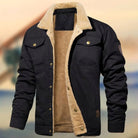 Navy blue sherpa trucker jacket with shearling collar, shown flat on display | Chaps London