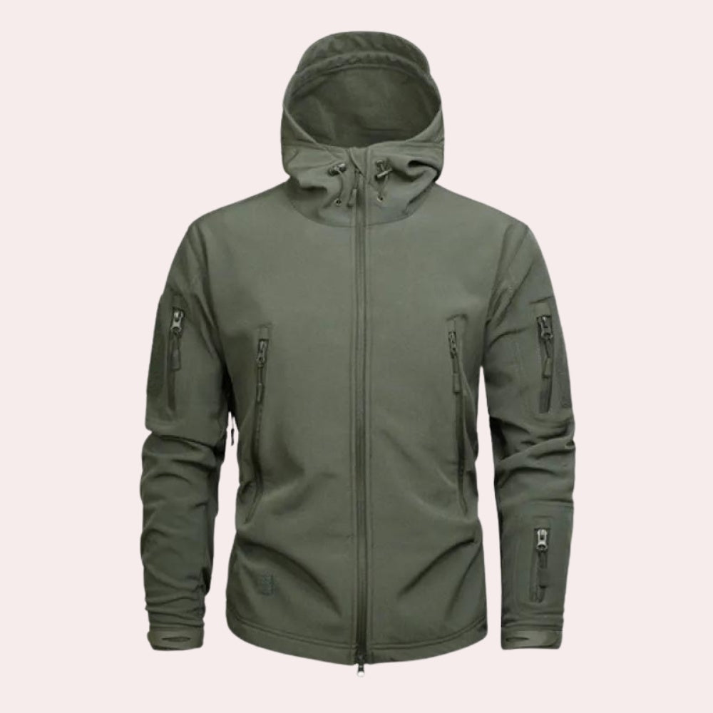 Olive green hooded softshell jacket with zip pockets, worn by model | Chaps London