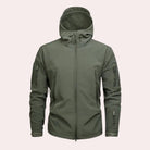 Olive green hooded softshell jacket with zip pockets, worn by model | Chaps London