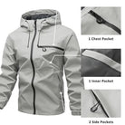 Gray hooded rain jacket detail views showing zippered chest and side pockets | Chaps London