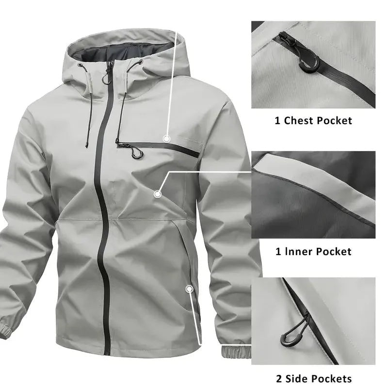 Gray hooded rain jacket detail views showing zippered chest and side pockets | Chaps London