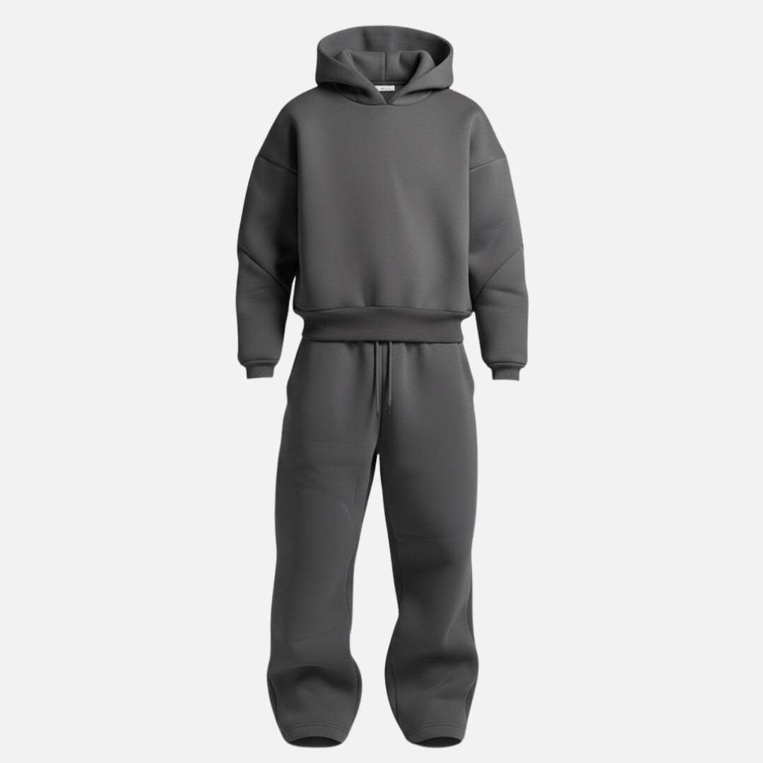 Gray oversized hoodie tracksuit with wide leg joggers, displayed on invisible mannequin | Chaps London