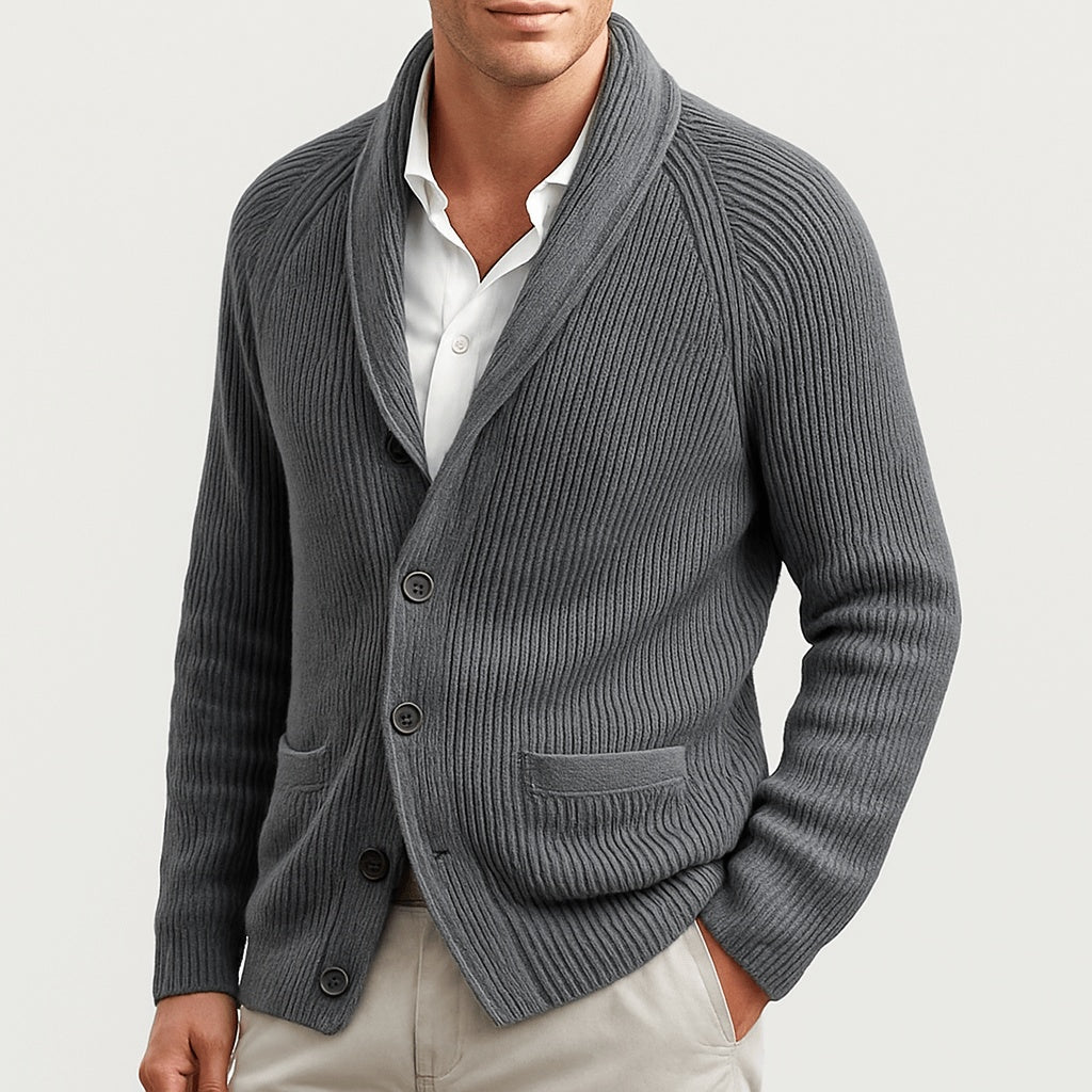 Man wearing gray ribbed knit shawl collar cardigan with buttons | Chaps London