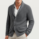 Man wearing gray ribbed knit shawl collar cardigan with buttons | Chaps London