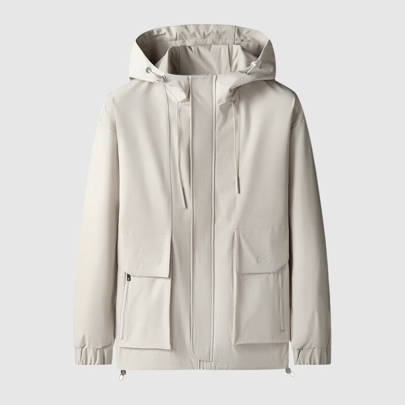 Beige hooded windbreaker jacket with drawstrings and cargo pockets, shown flat | Chaps London