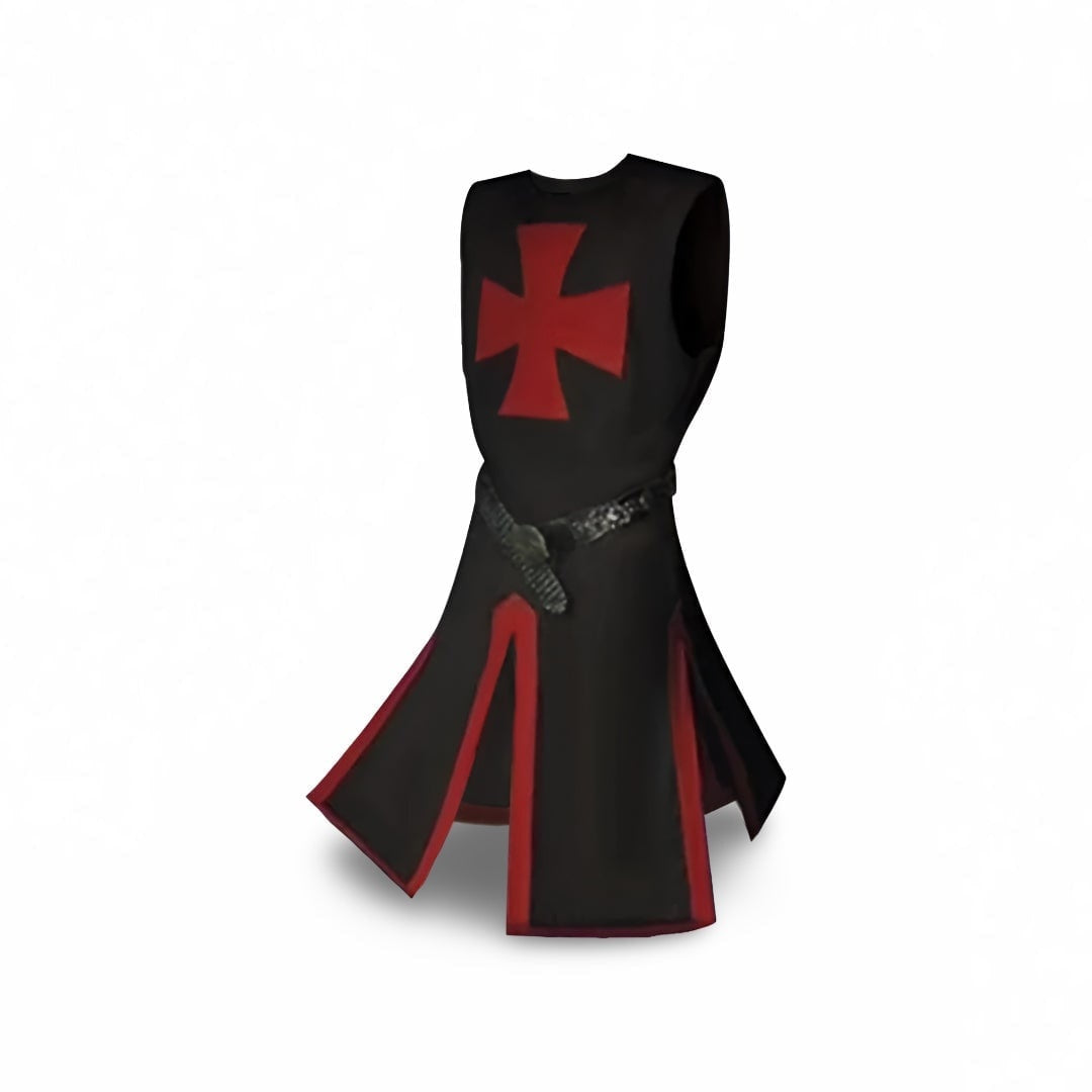 Black tunic with red cross and belt, split skirt design | Chaps London