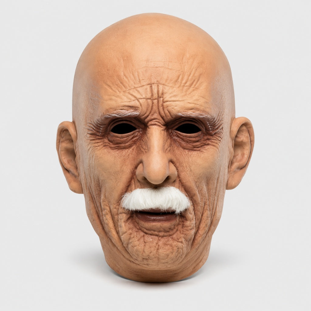 Bald old man mask with wrinkled skin and white moustache, mannequin display | Chaps London