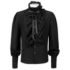 Black ruffled shirt with lace jabot and ribbon bow on mannequin | Chaps London