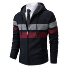 Navy hooded zip jacket with gray and red stripes, shown on mannequin | Chaps London