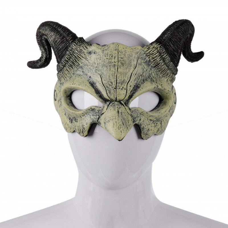 Tan half mask with black curved horns, shown on mannequin head | Chaps London
