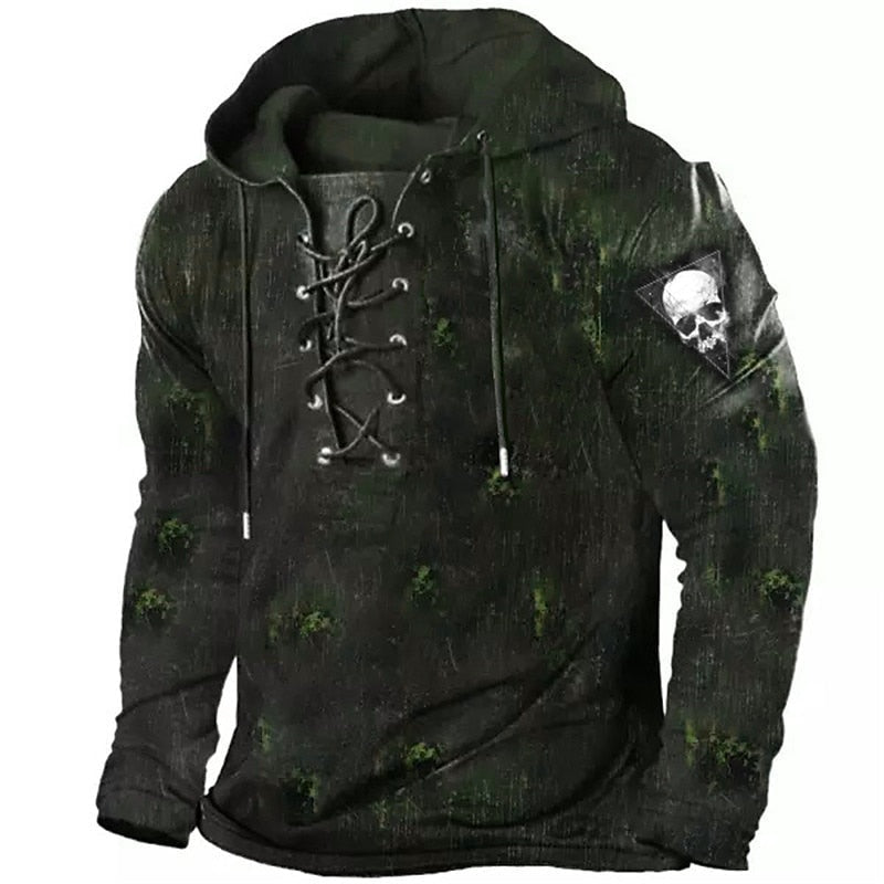 Dark green lace-up hoodie with skull patch, shown on mannequin | Chaps London