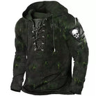 Dark green lace-up hoodie with skull patch, shown on mannequin | Chaps London
