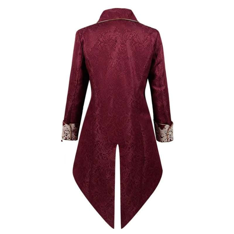 Burgundy jacquard tailcoat with lace cuffs, worn by person, back view | Chaps London