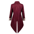 Burgundy jacquard tailcoat with lace cuffs, worn by person, back view | Chaps London