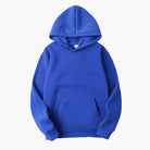 Royal blue fleece pullover hoodie with kangaroo pocket, shown flat, unworn | Chaps London