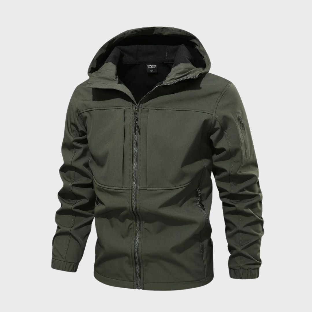 Olive green hooded softshell jacket with zip pockets, shown flat on background | Chaps London